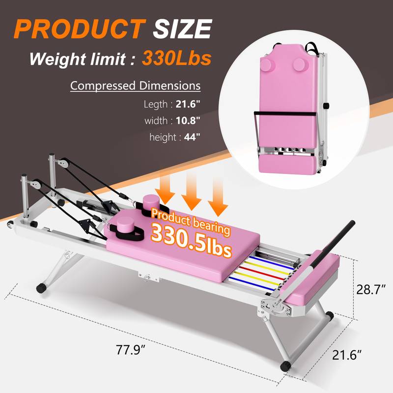 Pink Foldable Pilates Reformer for Home and Studio