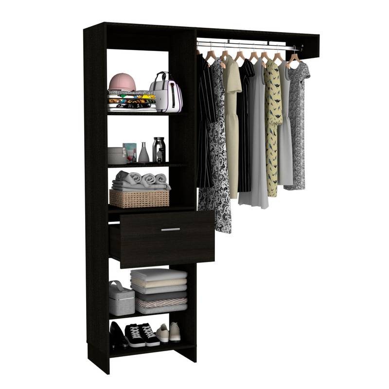 Sleek Black Closet Organizer with Open Shelves and Drawer