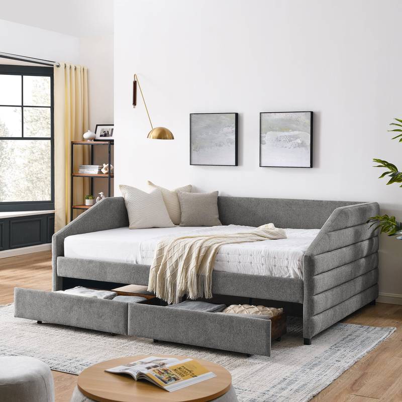 Chic Grey Tufted Daybed with Trundle and Storage Drawers