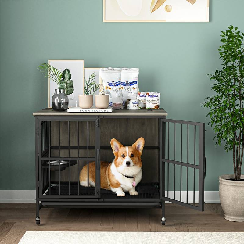 Stylish Multi-Function Dog Kennel with Adjustable Bowls