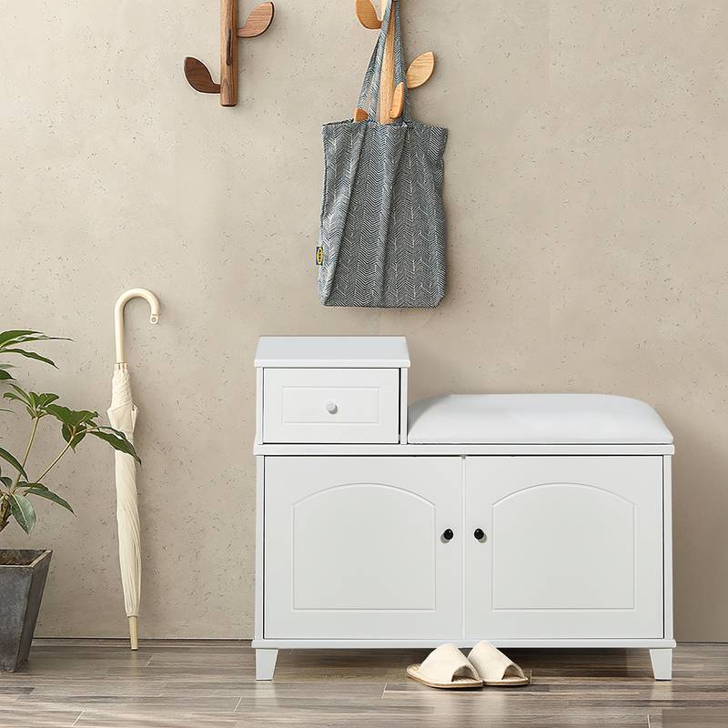Cozy White Shoe Storage Bench with Cushion and Adjustable Drawer