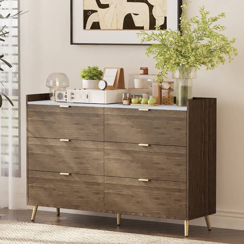 Chic Walnut 6-Drawer Dresser with Marbled Top