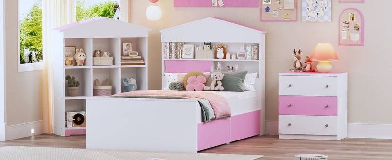 Charming Twin House Bed Set with Storage and Nightstand in Pink and White