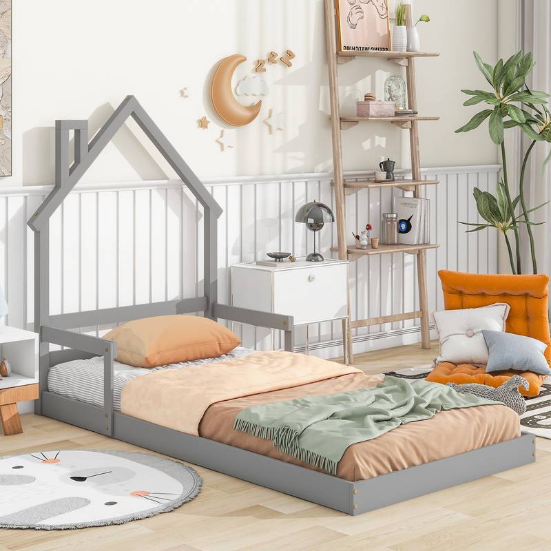Cozy Twin House Bed with Handrails - Grey