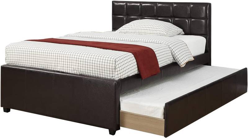 Cozy Espresso Faux Leather Bed with Trundle for Kids