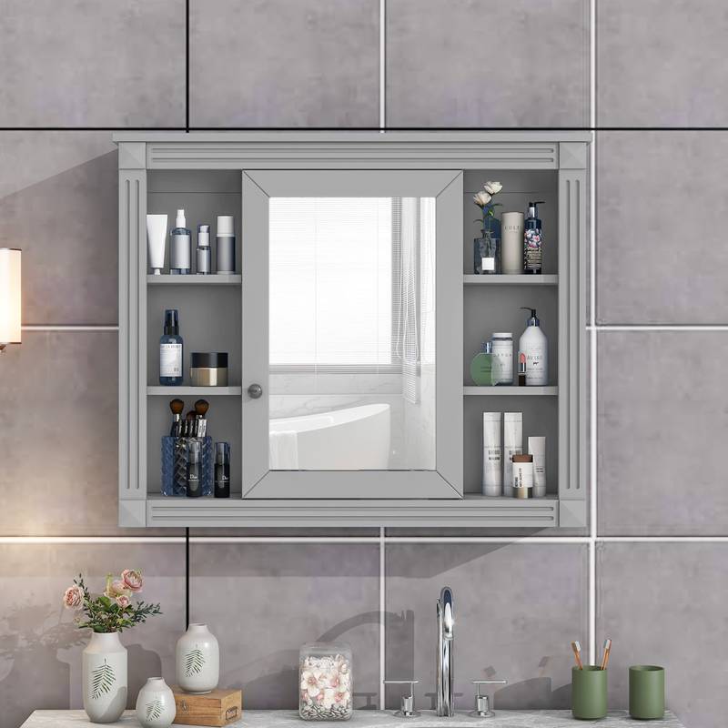 Sleek Wall-Mounted Mirror Cabinet with Open Shelves