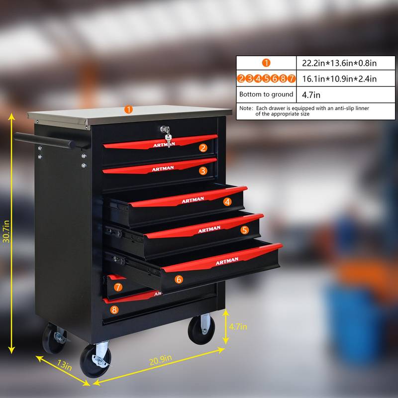Rolling Tool Cart with Stainless Steel Top - Black & Red