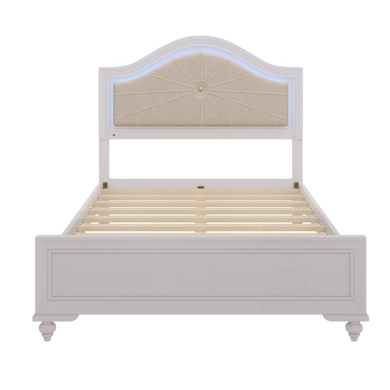 Cozy Glow Bedroom Set: Wood Bed with LED Headboard & Nightstands in Cream Grey