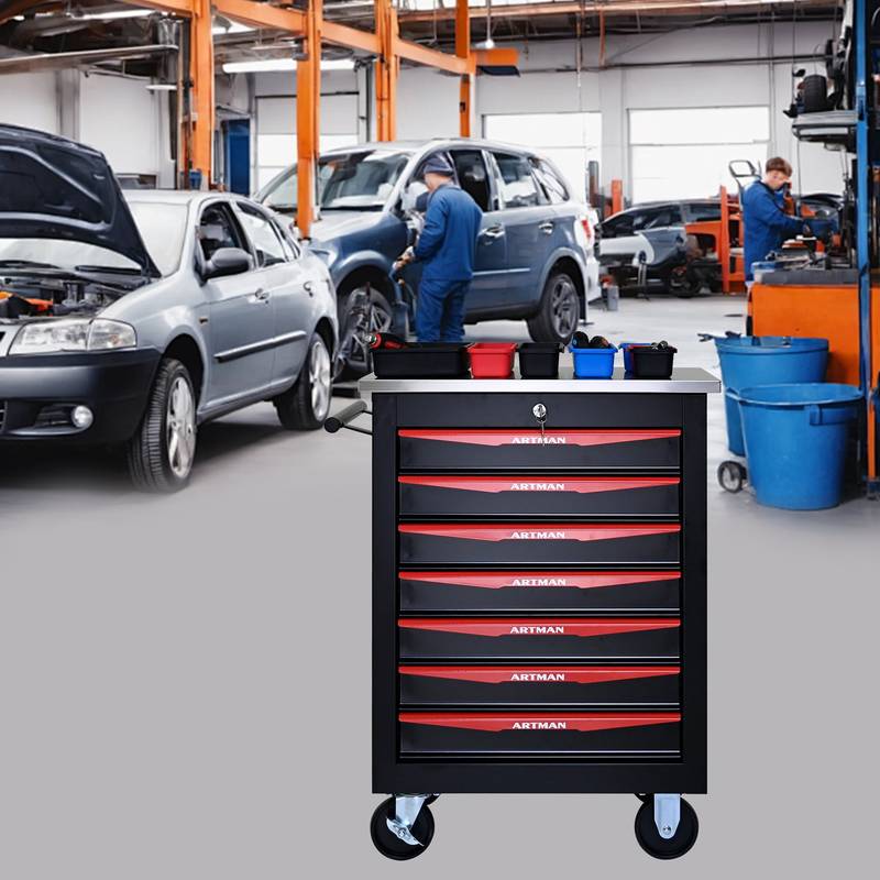 Rolling Tool Cart with Stainless Steel Top - Black & Red