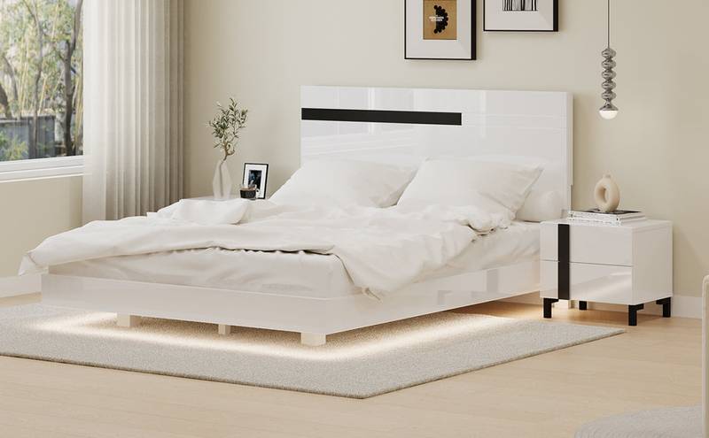 Sleek White LED Bedroom Set with Floating Bed & Nightstands