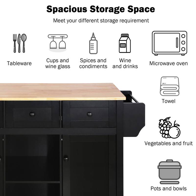 Versatile Black Kitchen Cart with Drop-Leaf Top and Storage Wheels