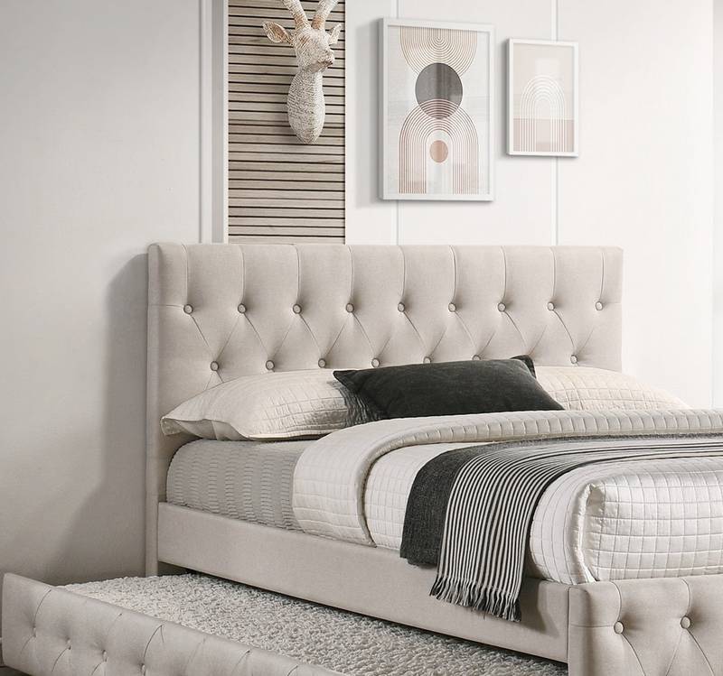 Cozy Tufted Twin Bed with Trundle in Light Brown Burlap