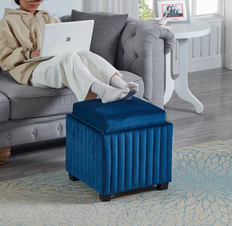 Beige Velvet Cube Storage Ottoman with Coffee Tray