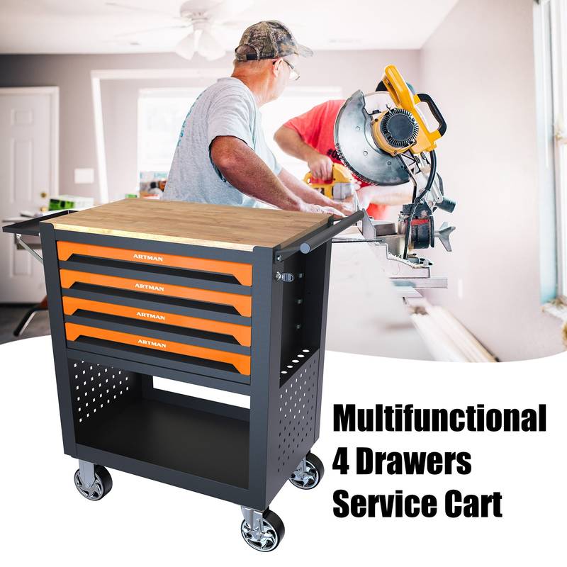 Orange Multi-Use Tool Cart with Wheels and Wooden Top