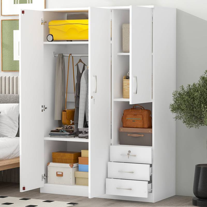 Chic White Wooden Wardrobe with Shelves and Drawers