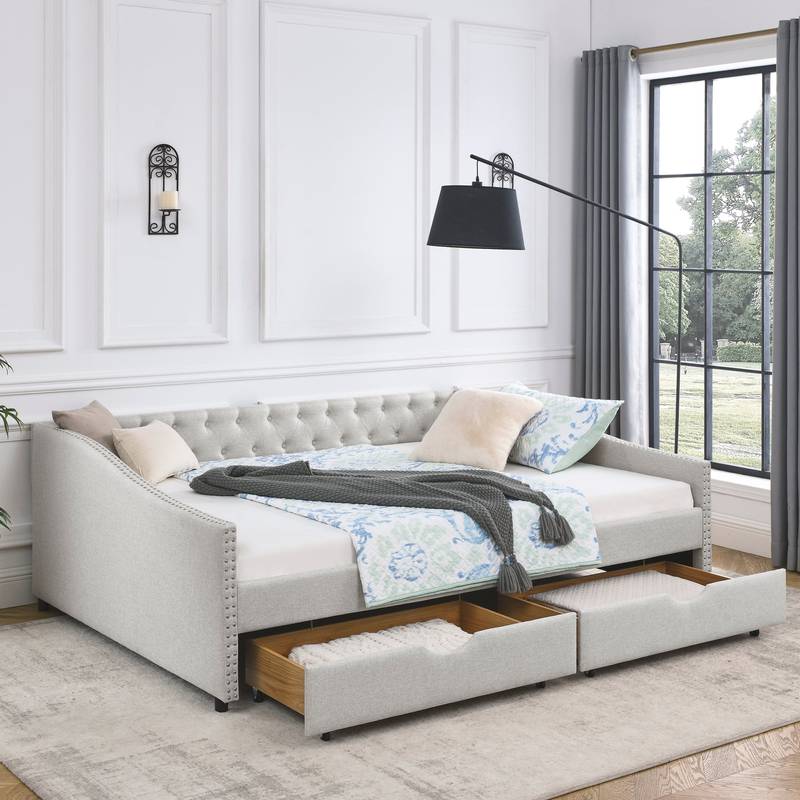 Elegant Tufted Daybed with Storage Drawers in Beige