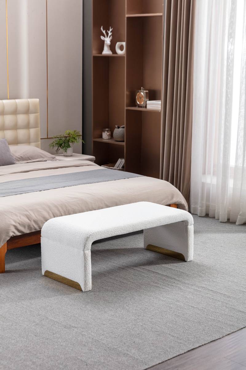 Chic Ivory Boucle Ottoman with Gold Legs