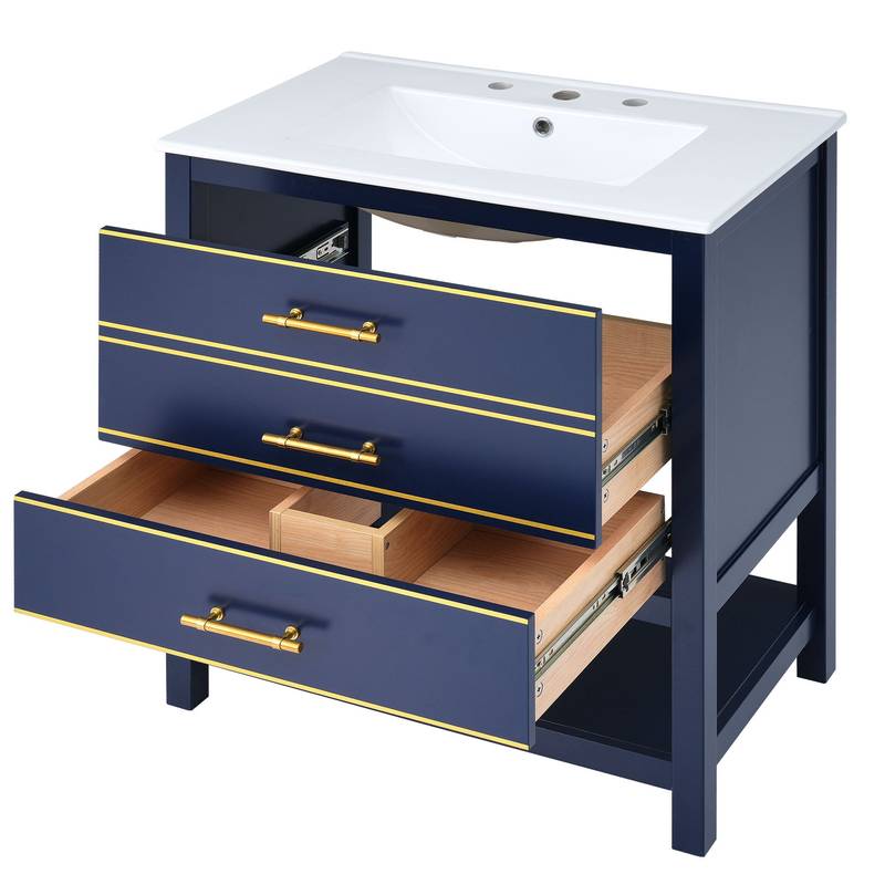 Navy Bliss: Stylish Bathroom Vanity with Open Storage