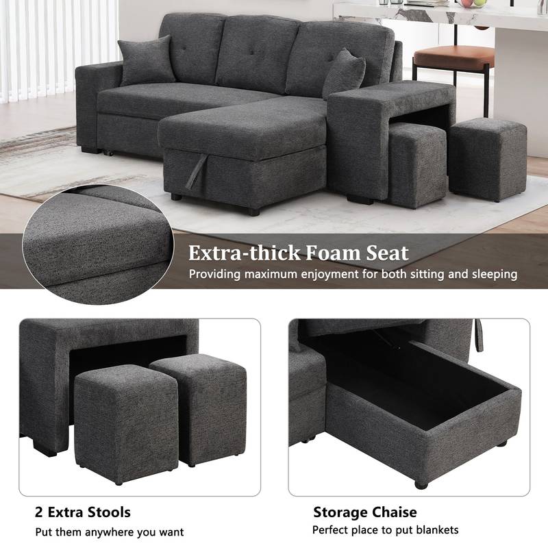 Versatile L-Shaped Sofa Bed with Side Shelf & Stools