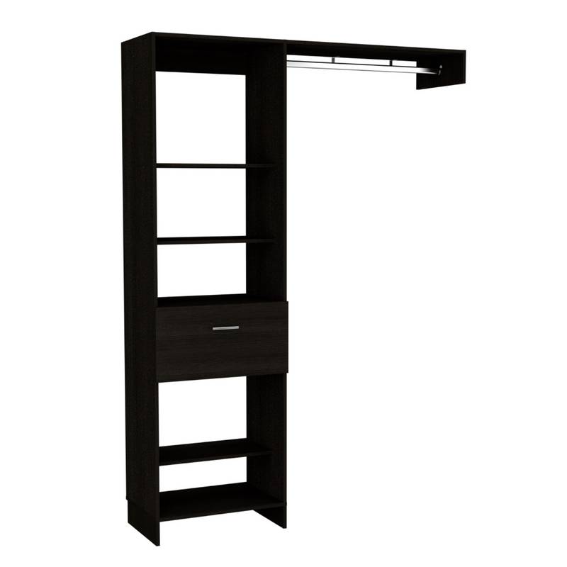 Sleek Black Closet Organizer with Open Shelves and Drawer
