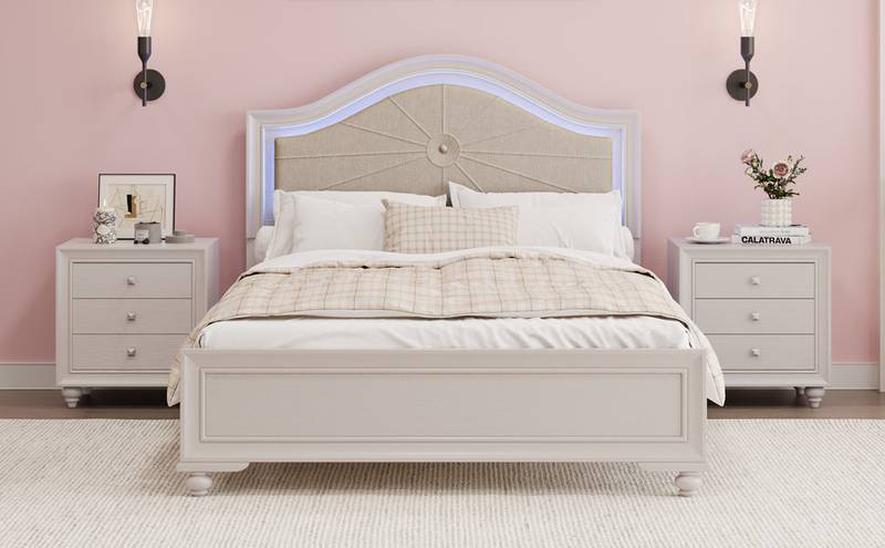 Cozy Glow Bedroom Set: Wood Bed with LED Headboard & Nightstands in Cream Grey