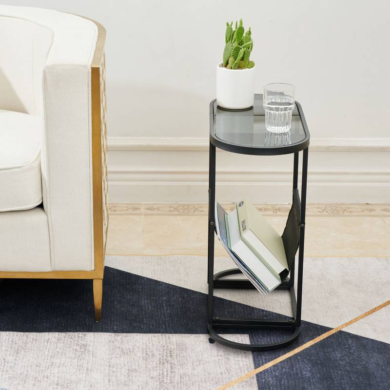 Chic Glass Oval Side Tables with Magazine Storage (Set of 2)