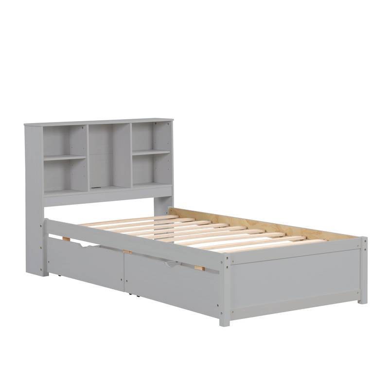 Cozy Grey Twin Bed with USB Charging & Storage Headboard
