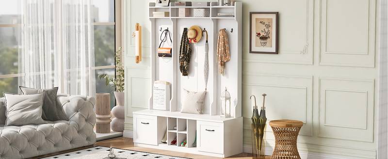 Versatile Entryway Bench with Coat Rack & Drawers