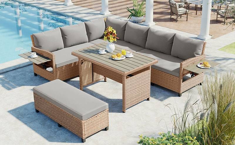 Cozy Rattan Patio Sofa Set with Extendable Tables