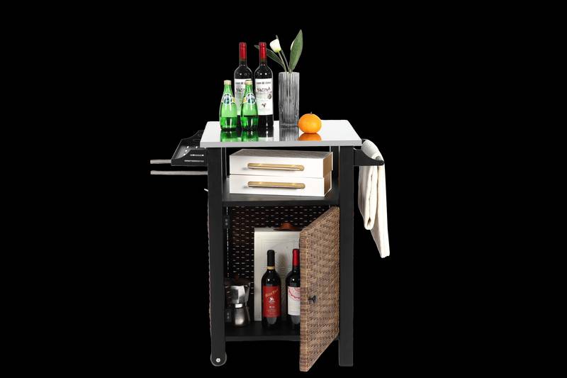 Chic Wicker Rolling Bar Cart with Stainless Steel Top