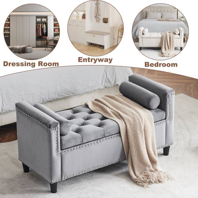 Chic Velvet Storage Bench with Armrests