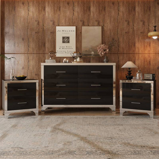 Chic Black Dresser and Nightstand Duo with Mirror Accents