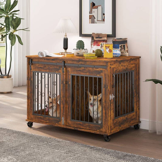 Rustic Double Puppy Sliding Dog Crate