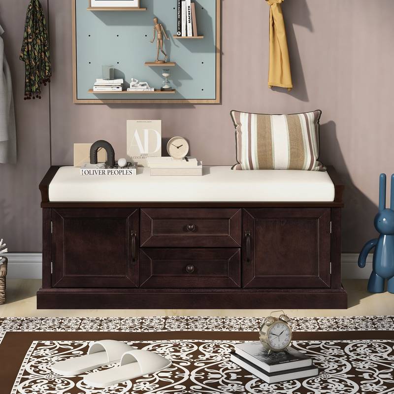 Cozy Storage Bench with Cushioned Top and Double Cabinetry