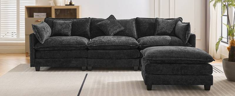 Chic L-Shape Chenille Sofa with Ottoman & Pillows