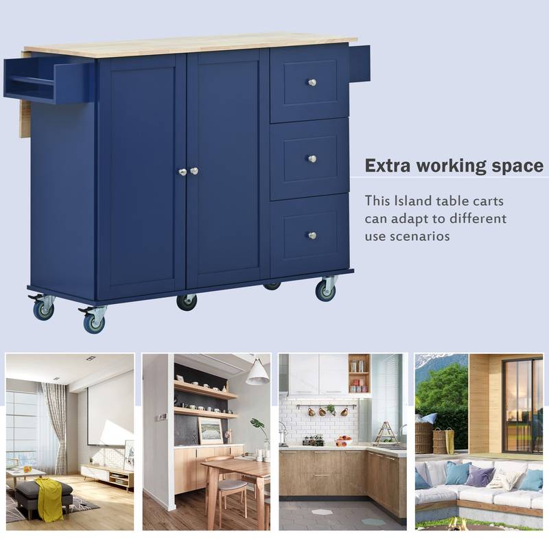 Blue Rolling Kitchen Island with Drop Leaf & Storage