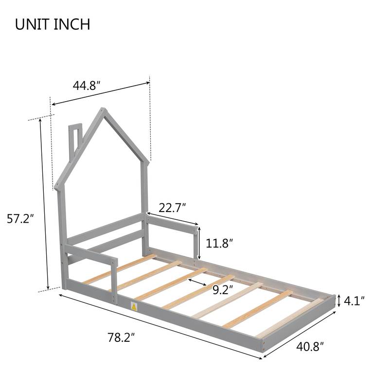 Cozy Twin House Bed with Handrails - Grey