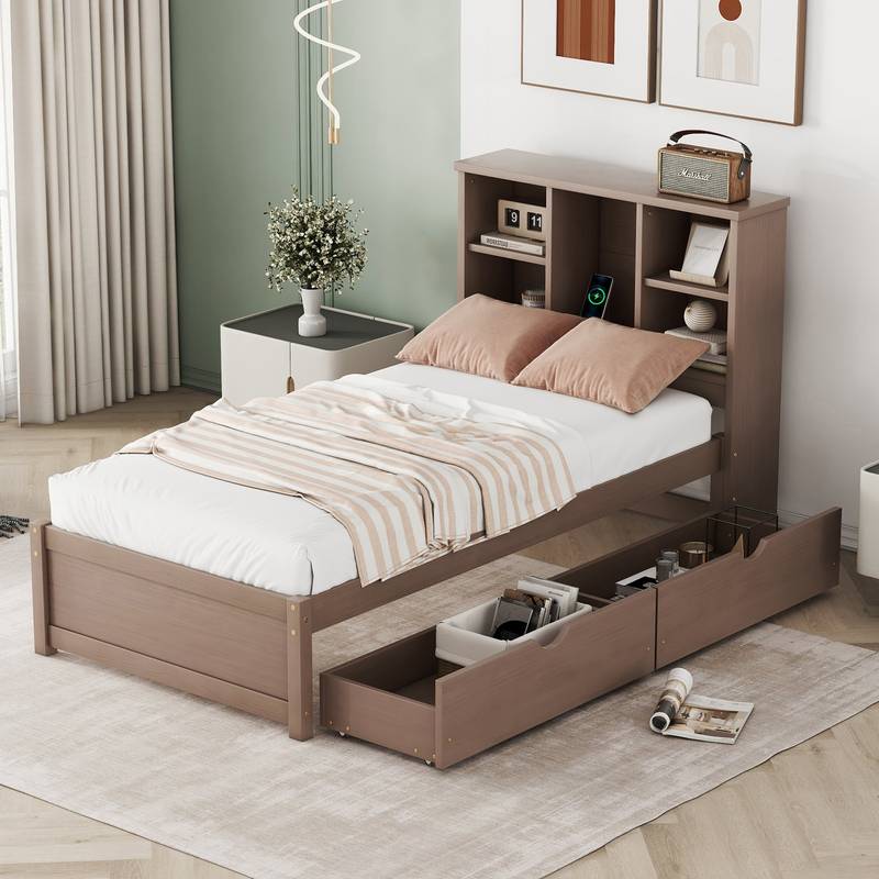 Walnut Twin Bed Frame with USB & Storage Bookcase