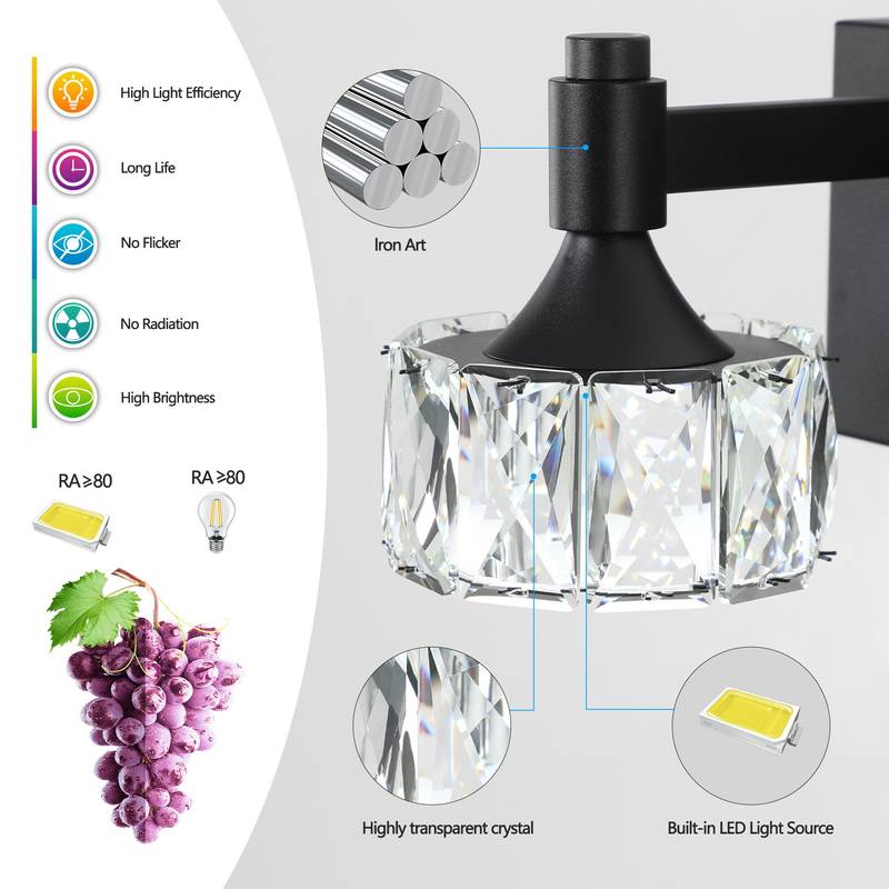 Chic Black LED Vanity Light with Crystal Shades