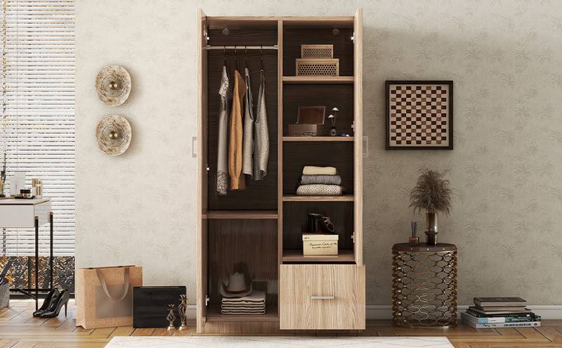 Natural Wooden Double Door Armoire with Shelves & Rod