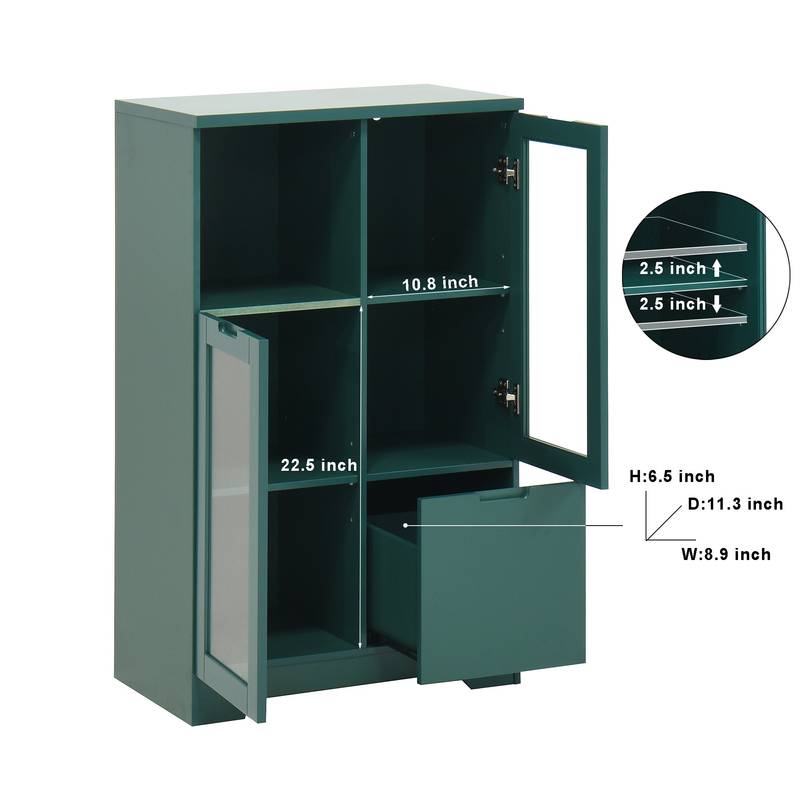 Chic Green Cabinet with Glass Doors and Open Storage