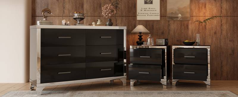 Chic Black Dresser and Nightstand Duo with Mirror Accents