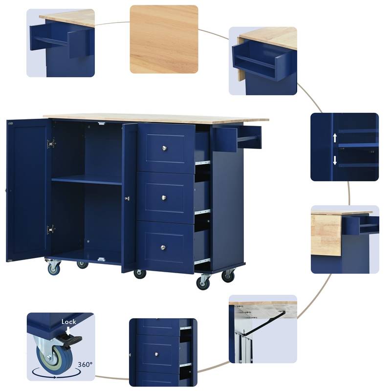 Blue Rolling Kitchen Island with Drop Leaf & Storage