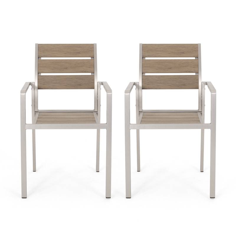 Stylish Outdoor Aluminum Dining Chairs with Natural Wood Look - Set of Two