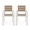 Stylish Outdoor Aluminum Dining Chairs with Natural Wood Look - Set of Two