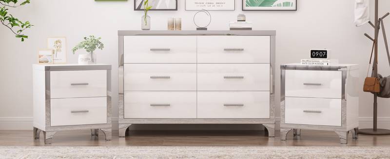 Chic White Dresser & Nightstand Set with Stylish Mirror Accents