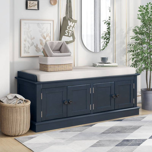 Navy Storage Bench with Cushion & Shelves