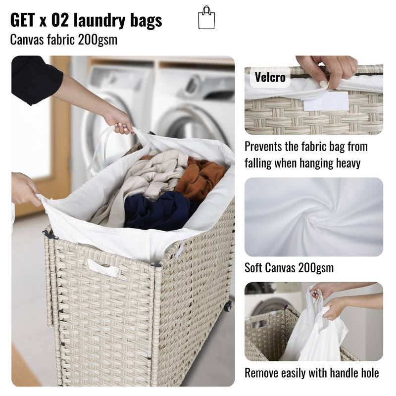 Stylish Grey Laundry Hamper with Removable Bags and Wheels
