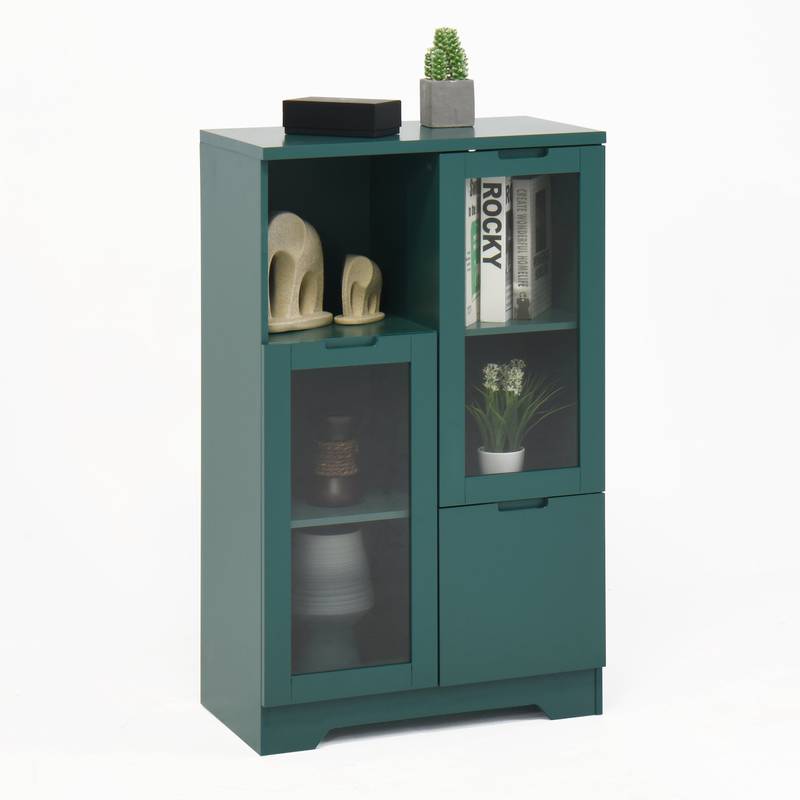 Chic Green Cabinet with Glass Doors and Open Storage