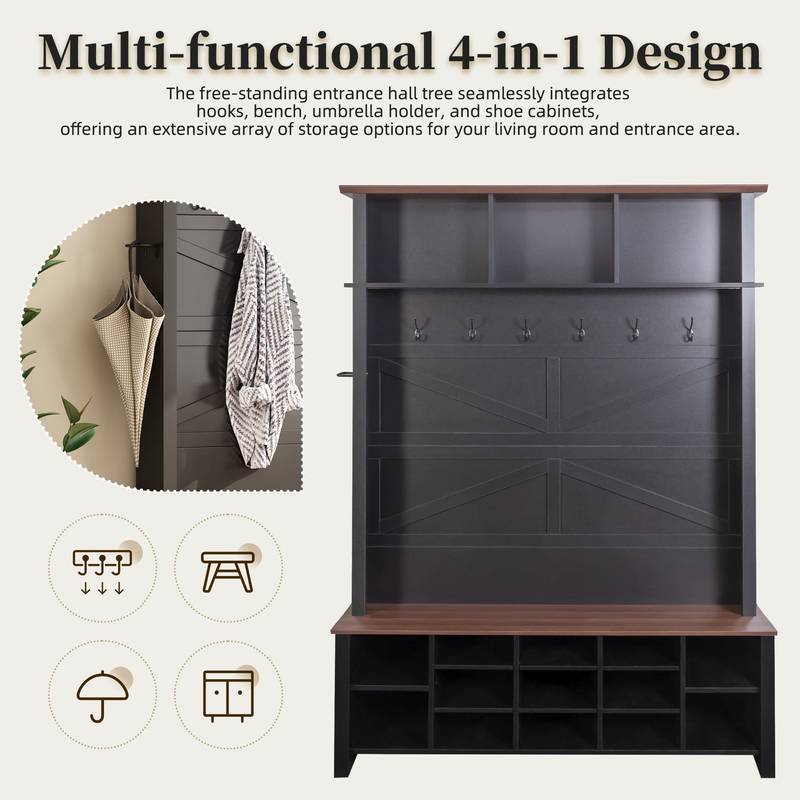 Chic Farmhouse Entryway Bench with Hooks & Shelves